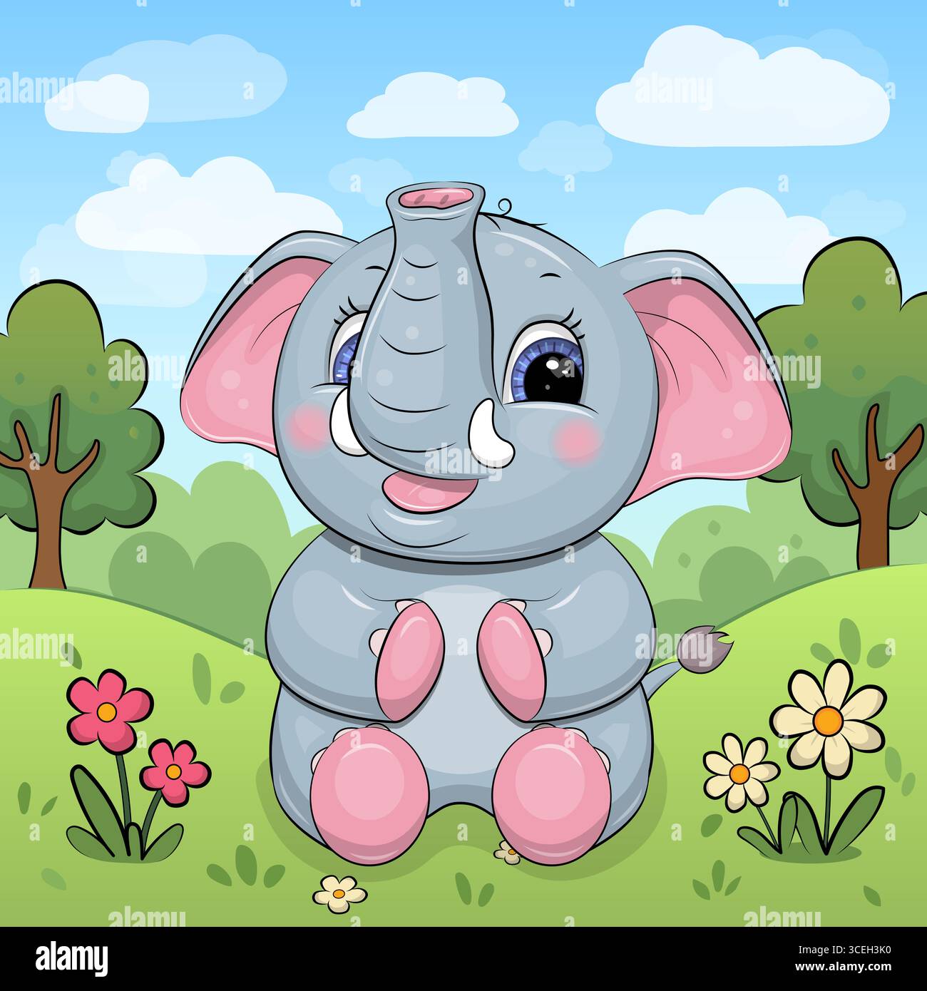 Mignon dessin animé Elephant se trouve dans le jardin. Illustration vectorielle d'un animal avec des fleurs rouges, de l'herbe verte et des arbres. Illustration de Vecteur