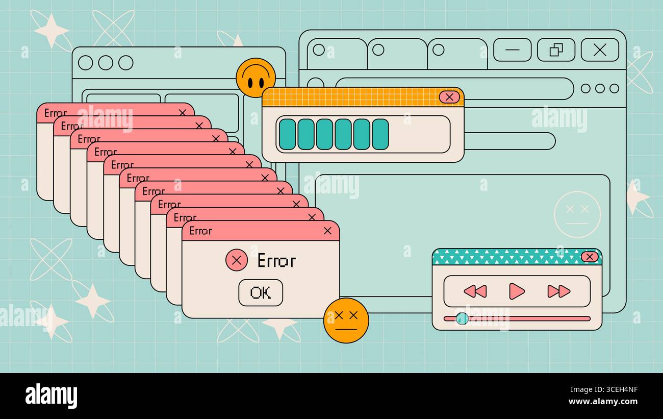 Interface utilisateur rétro avec messages d'erreur en cascade et fenêtres de navigateur pour les conceptions techniques. Popups et barre de chargement, lecteur multimédia et émoticônes sur fond de grille. Illustration d'ordinateur vintage y2k. Illustration de Vecteur Interface utilisateur rétro avec messages d'erreur en cascade et fenêtres de navigateur pour les conceptions techniques. Popups et barre de chargement, lecteur multimédia et émoticônes sur fond de grille. Illustration d'ordinateur vintage y2k. Illustration de Vecteur