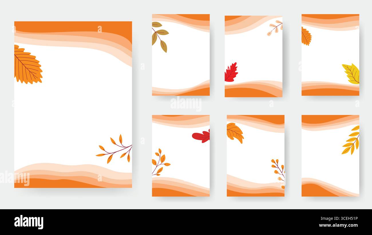 Ensemble de mises en page de document texte d'automne dans un style uniforme. Modèle de page A4 vierge avec feuillage tombant et rayures orange. Groupe d'arrière-plans Illustration de Vecteur