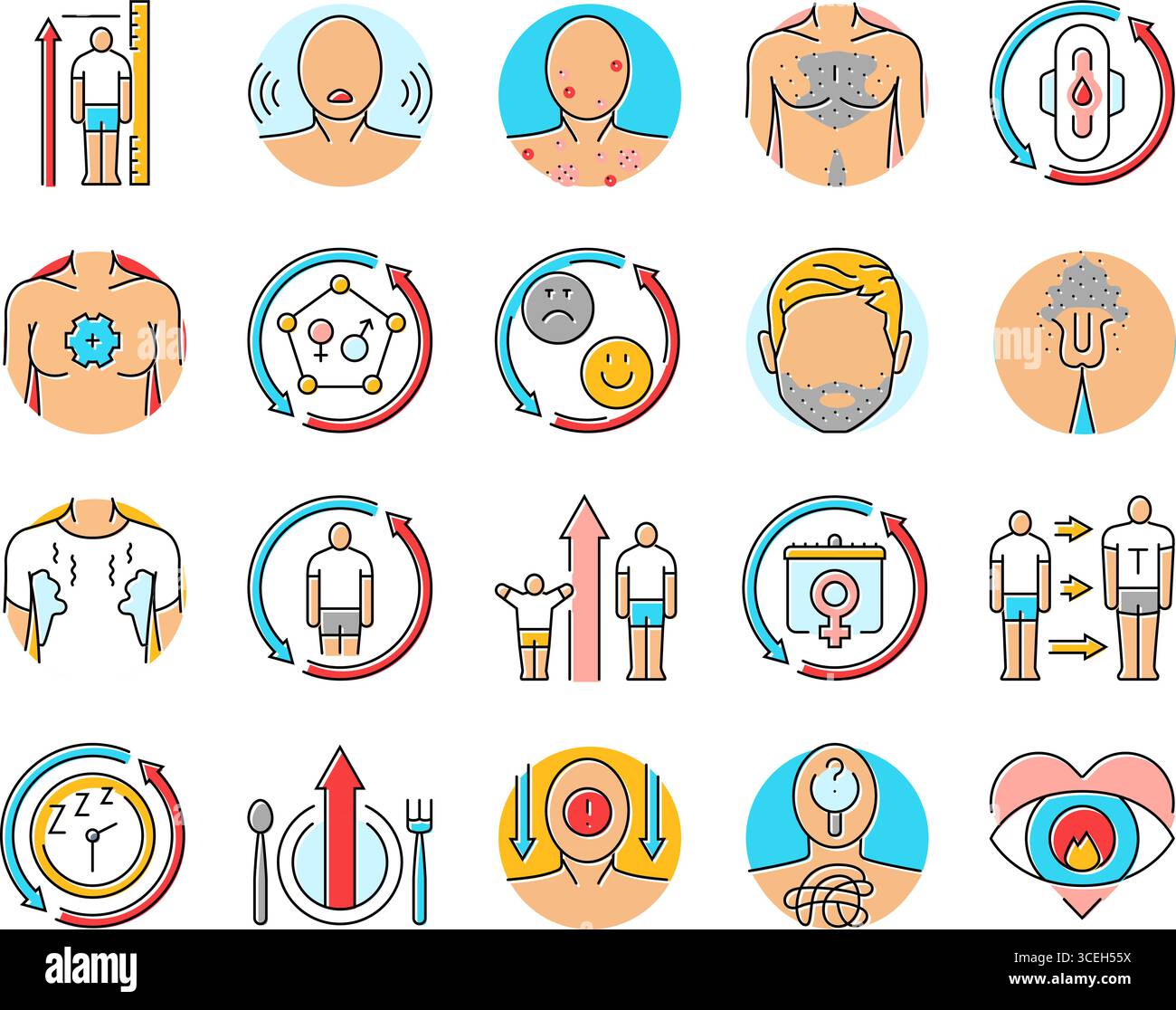 vecteur d'ensemble d'icônes de croissance de puberté d'adolescence Illustration de Vecteur