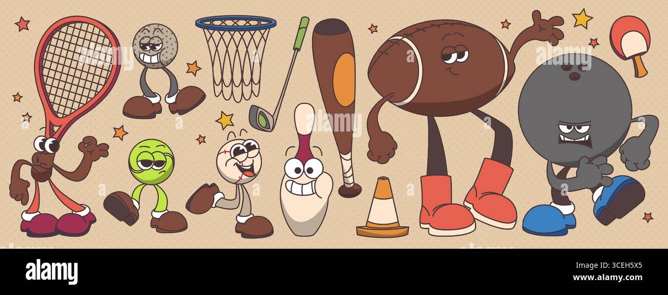 Jeu de personnages de sport groovy avec mascottes rétro - raquette de tennis souriante, panier de basket-ball, balles de golf, batte de baseball, football avec bras et bowling dans un style de dessin animé vintage pour des illustrations sportives amusantes. Illustration de Vecteur