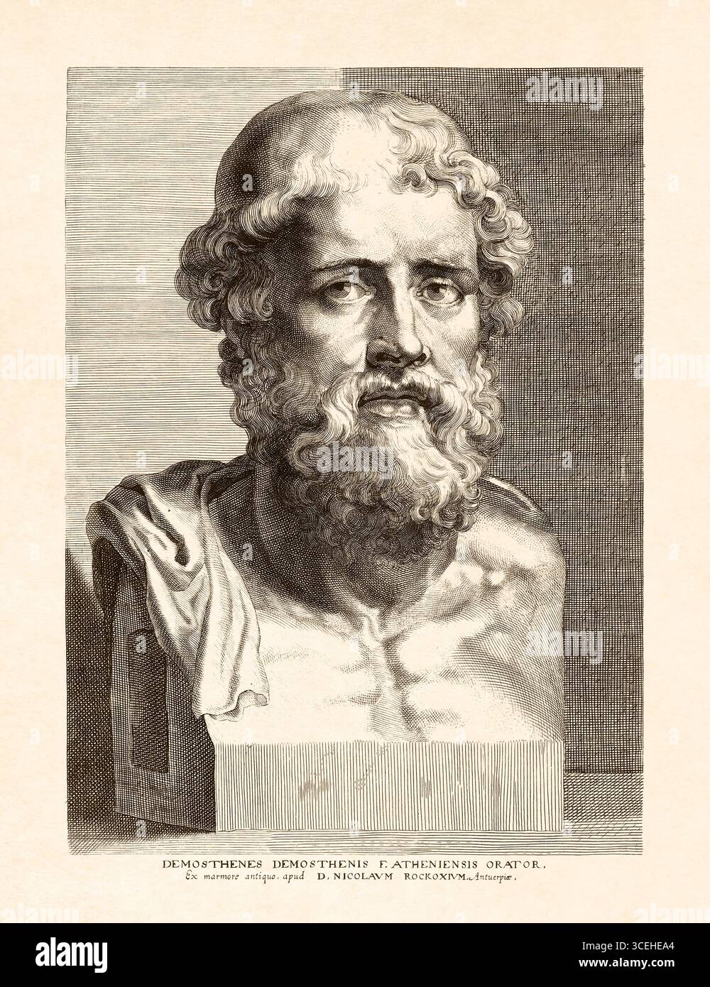 Gravure basée sur une œuvre de Paul Rubens représentant le buste de l'homme d'État grec et orateur Démosthène. Banque D'Images