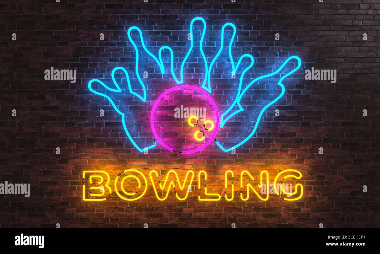 Bowling néon signe boule frapper goupilles mur de briques 3D. Banque D'Images
