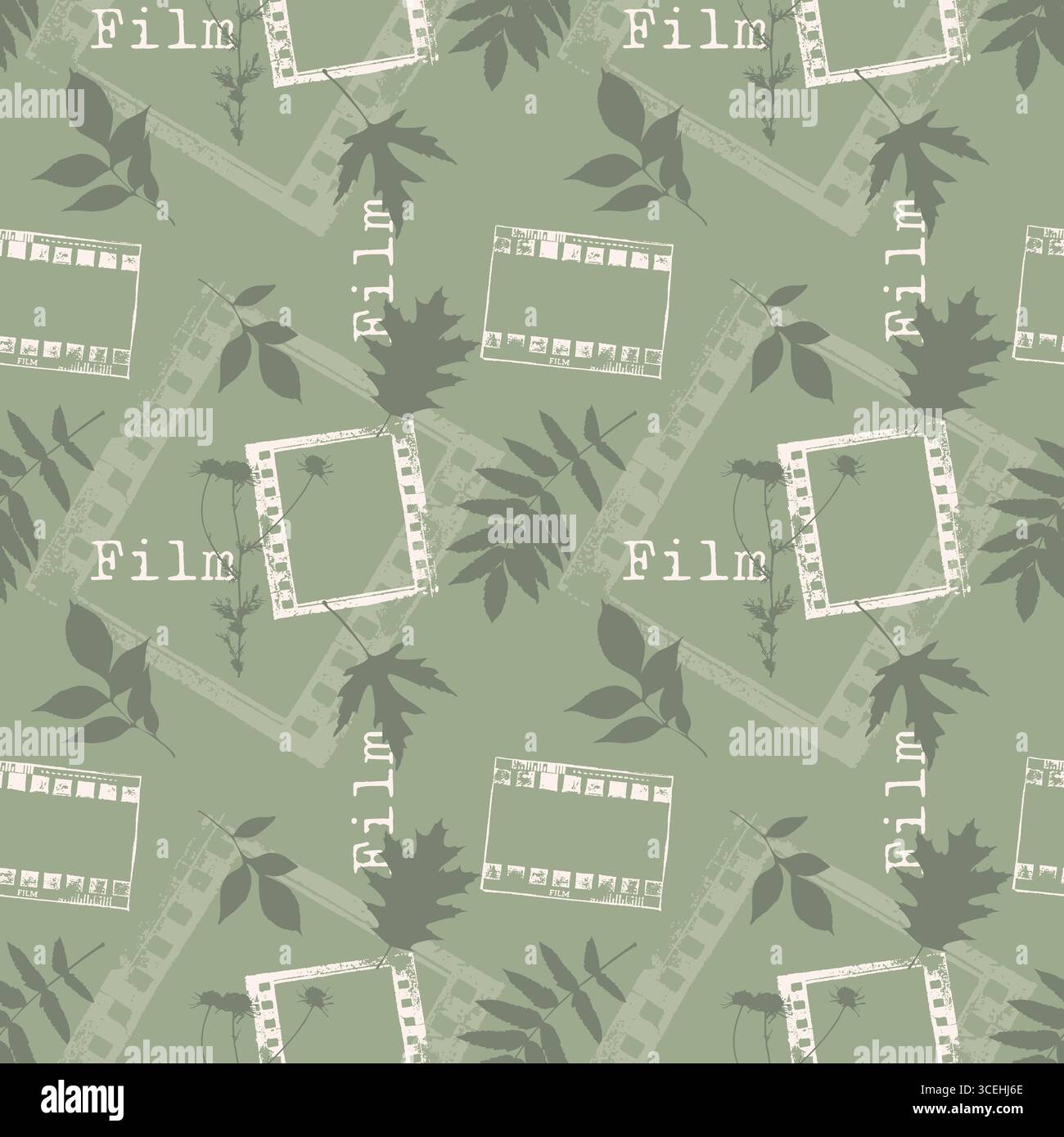 Motif grunge vintage avec des impressions vertes de feuilles tombantes et des cadres de film. Humeur rêveuse d'automne pour regarder des films et des séries télé. Illustration vectorielle Illustration de Vecteur