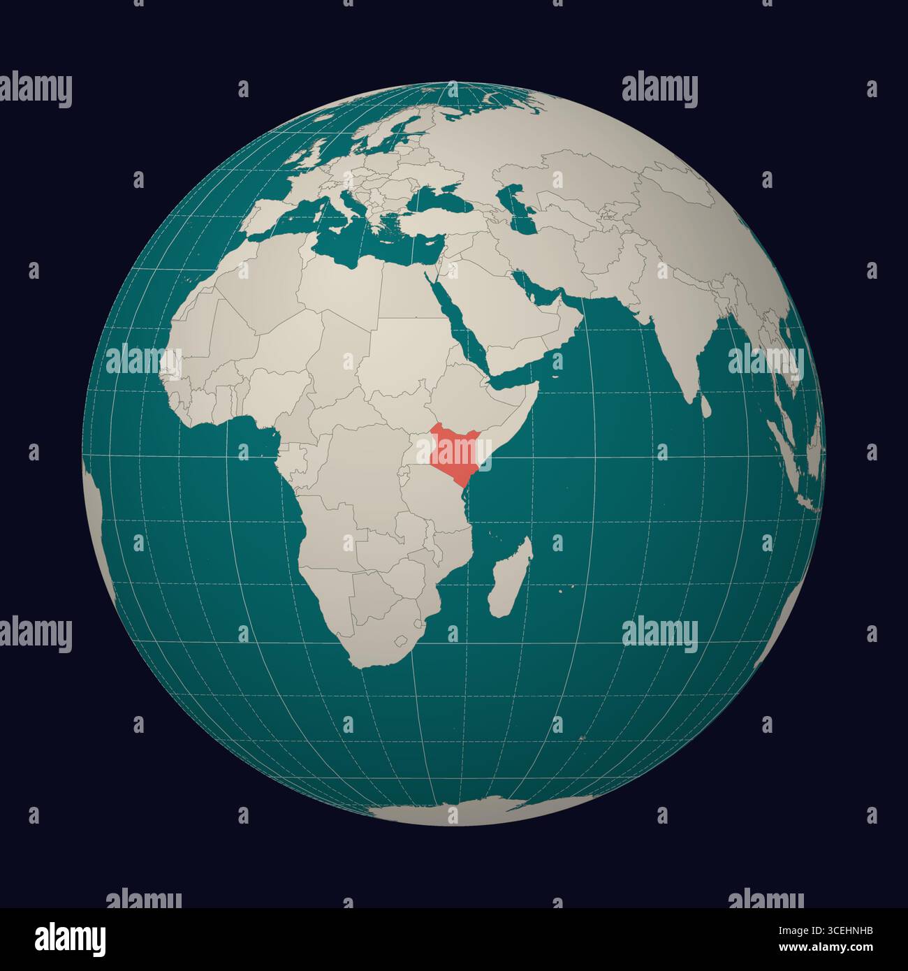 République du Kenya sur la carte Globe centré sur le Kenya. Emplacement du pays sur la carte du monde. Palette de couleurs sarcelle menthe pâle. Illustration de Vecteur