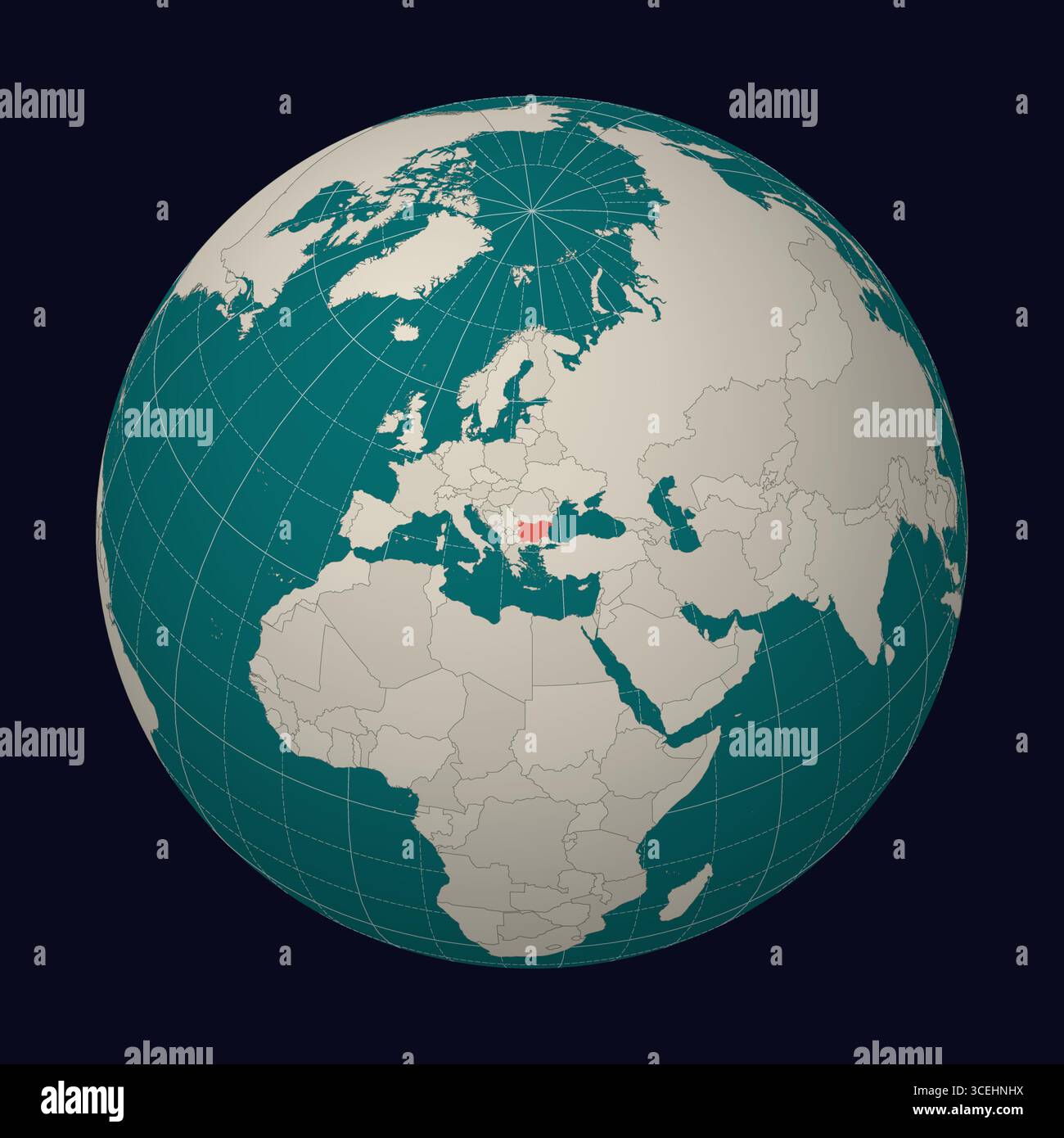 République de Bulgarie sur la carte Globe centré sur la Bulgarie. Emplacement du pays sur la carte du monde. Palette de couleurs sarcelle menthe pâle. Illustration de Vecteur