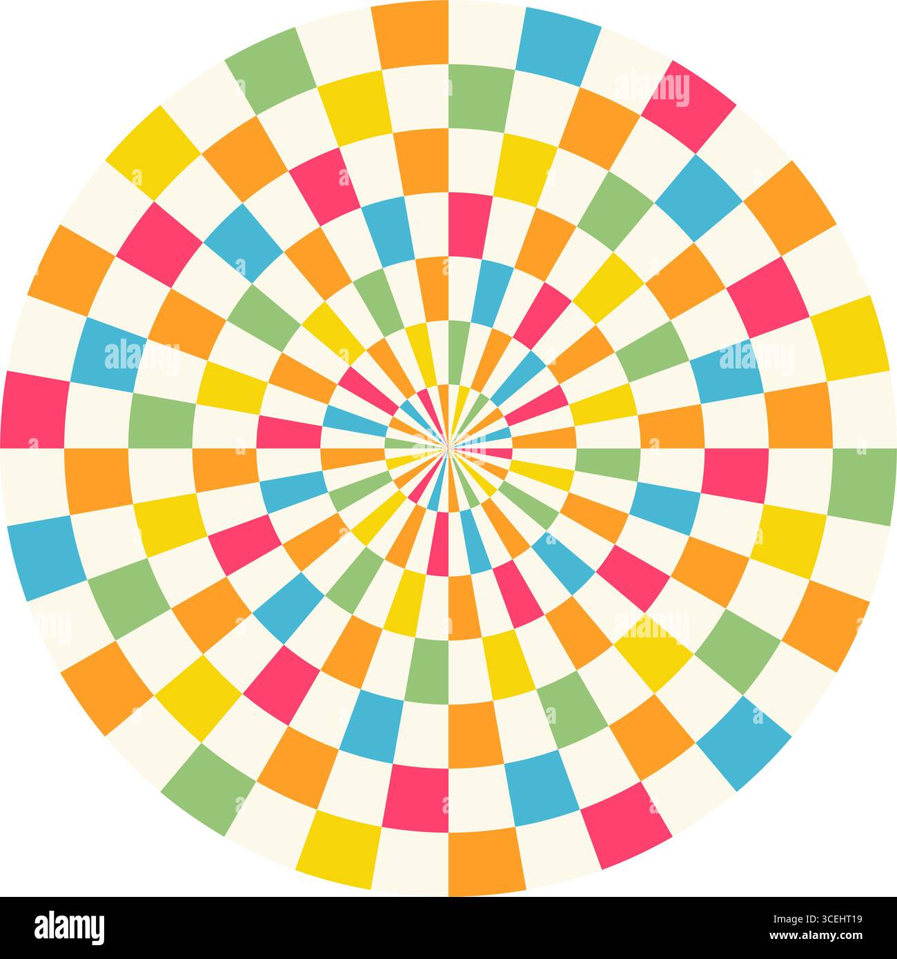 Motif à carreaux coloré, design radial, arrière-plans abstraits rétro psychédéliques style des années 70, Illustration de Vecteur