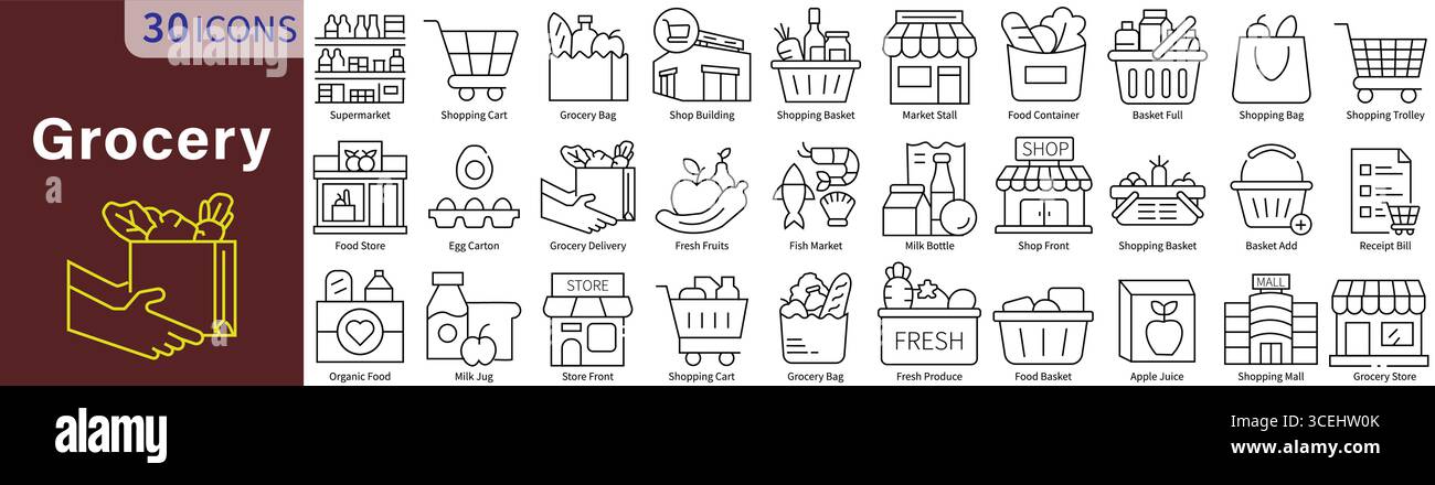 Icône d'épicerie définie dans le style de ligne avec vecteur modifiable pour le shopping, l'alimentation, le supermarché et le magasin de détail Illustration de Vecteur