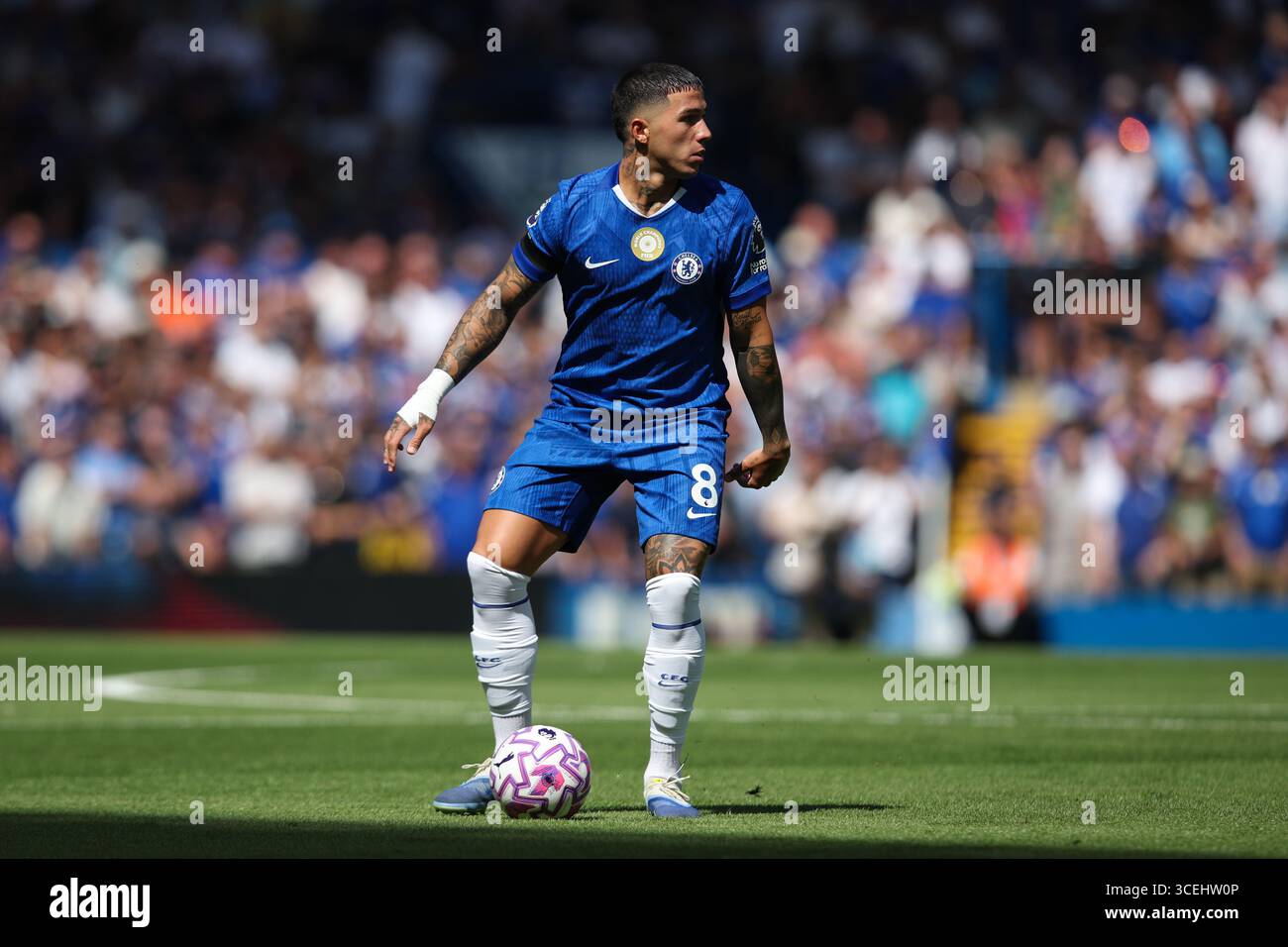 LONDRES, Royaume-Uni - 17 août 2025 : Enzo Fernandez de Chelsea en action lors du match de premier League entre Chelsea FC et Crystal Palace FC à Stamford Bridge (crédit : Craig Mercer/ Alamy Live News) Banque D'Images
