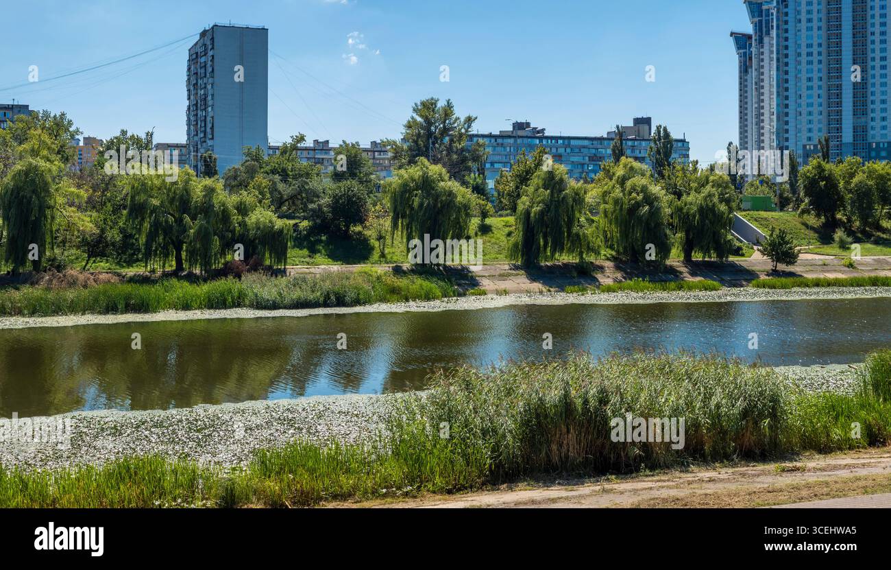 Une végétation luxuriante prospère le long des rives du fleuve Dnipro à Kiev, avec des bâtiments modernes et soviétiques créant un paysage urbain diversifié sous un été clair Banque D'Images