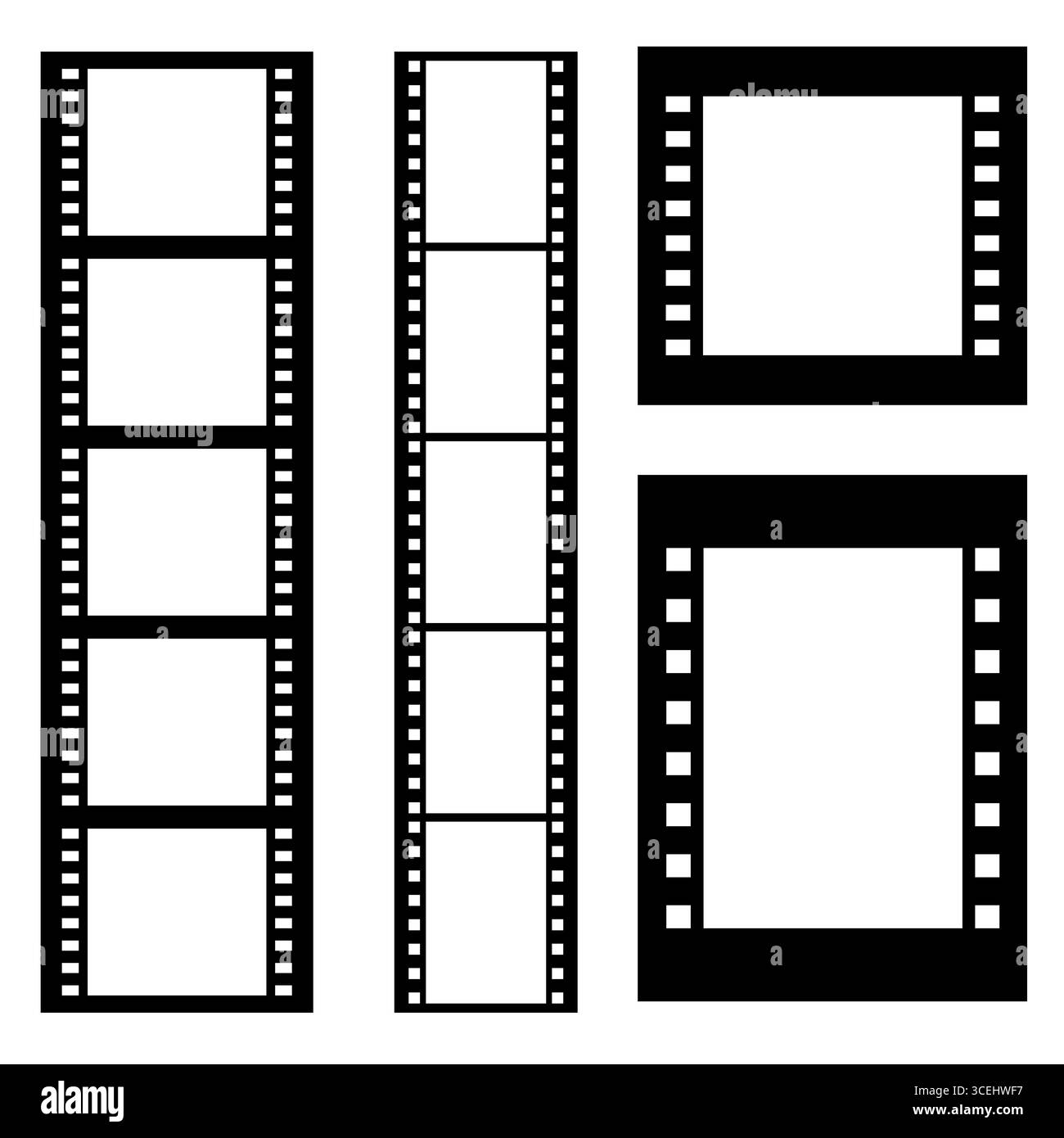 Photographie et éléments vidéo. Ensemble de bandes de bobine de photo de film, élément de bobine de prise de vue complète, modèle de cadre photo analogique isolé sur blanc, illustration vectorielle Illustration de Vecteur