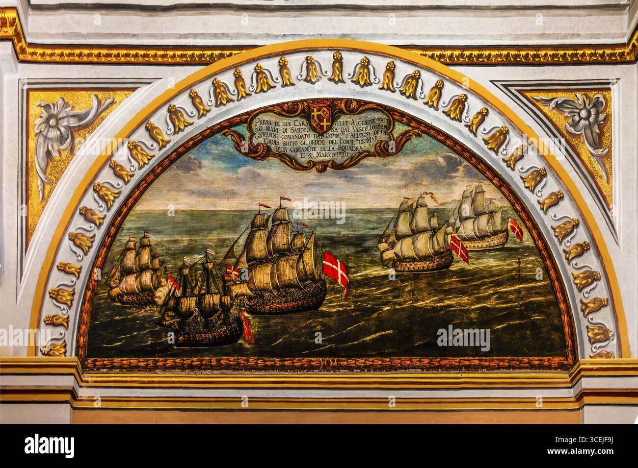 Scène historique de bataille navale de l'ordre de Malte en 1720, Palais du Grand Maître, 1571 résidence de l'ordre de Saint-Jean, actuellement siège du Parlement Banque D'Images