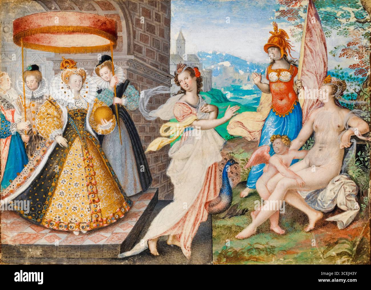 Reine Elizabeth I (Elizabeth I et les trois déesses), portrait peint à l'aquarelle et la couleur du corps sur vélin par Isaac Oliver (attribué), vers 1588 Banque D'Images