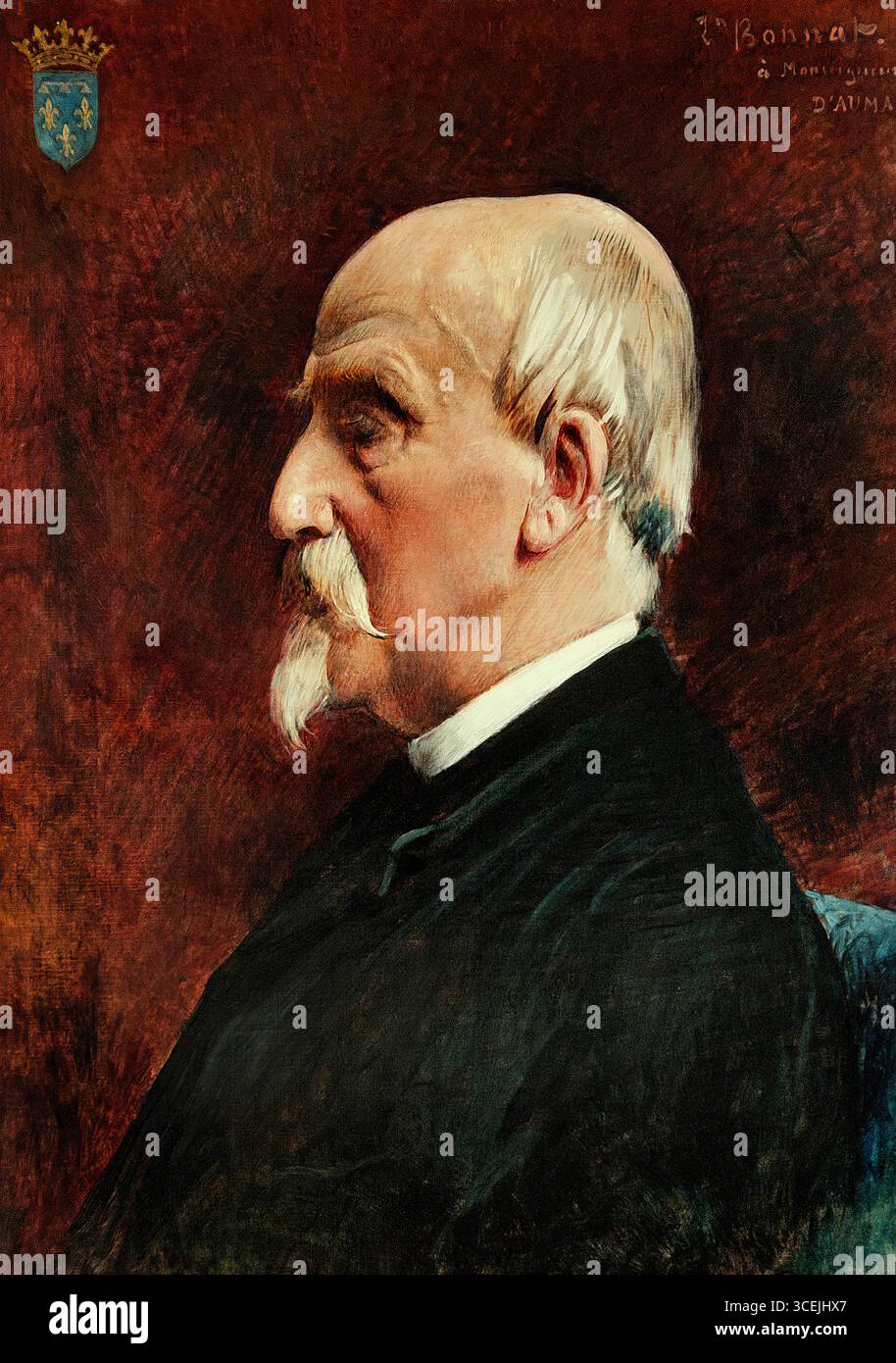 Portrait de Henri d'Orléans 1822-97 Duc d'Aumale 1890 par Bonnat Léon Joseph Florentin 1833-1922 France Musée Français France Français. Henri d'Orléans (1822-1897), duc d'Aumale, était un éminent prince français, chef militaire et homme politique qui a servi comme gouverneur général de l'Algérie française et était un chef de la faction politique orléaniste prônant la monarchie constitutionnelle. Après la Révolution de 1848, il vit en exil en Angleterre. Banque D'Images