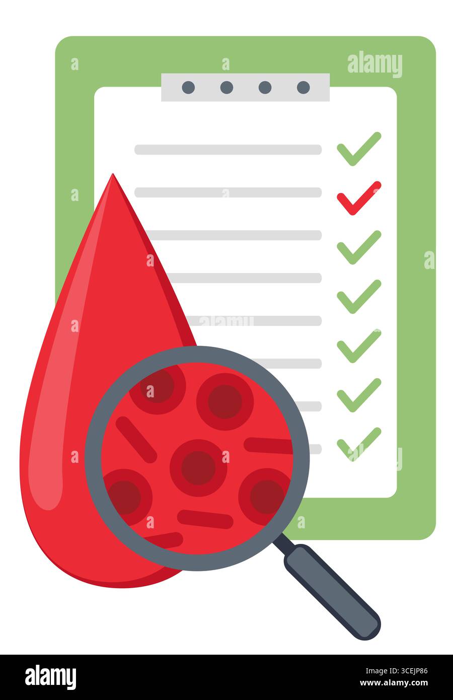 Les tests d'hémoglobine sanguine. Concept d'hématologie avec globule rouge en goutte et loupe Illustration de Vecteur