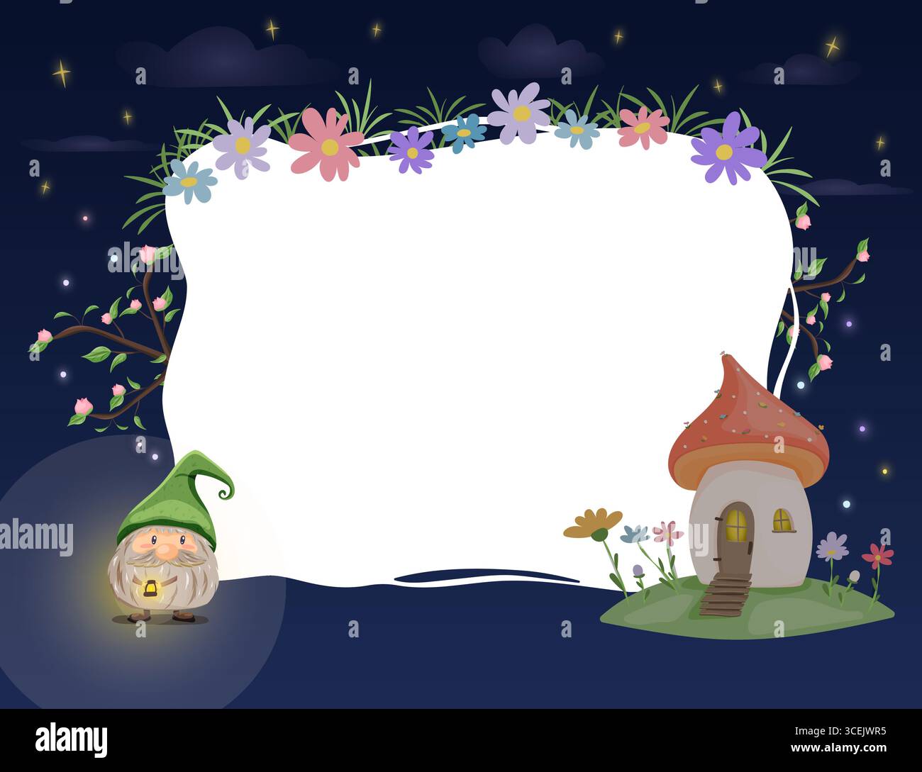 Cadre de nuit avec gnome et maison de champignon Illustration de Vecteur