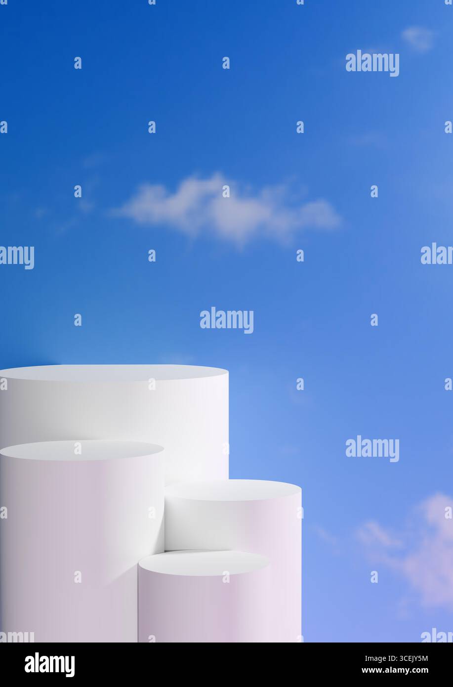 Rendu 3D minimaliste de socles cylindriques blancs de différentes hauteurs contre un ciel bleu vif avec des nuages, symbolisant le succès, la réalisation, le podium Banque D'Images