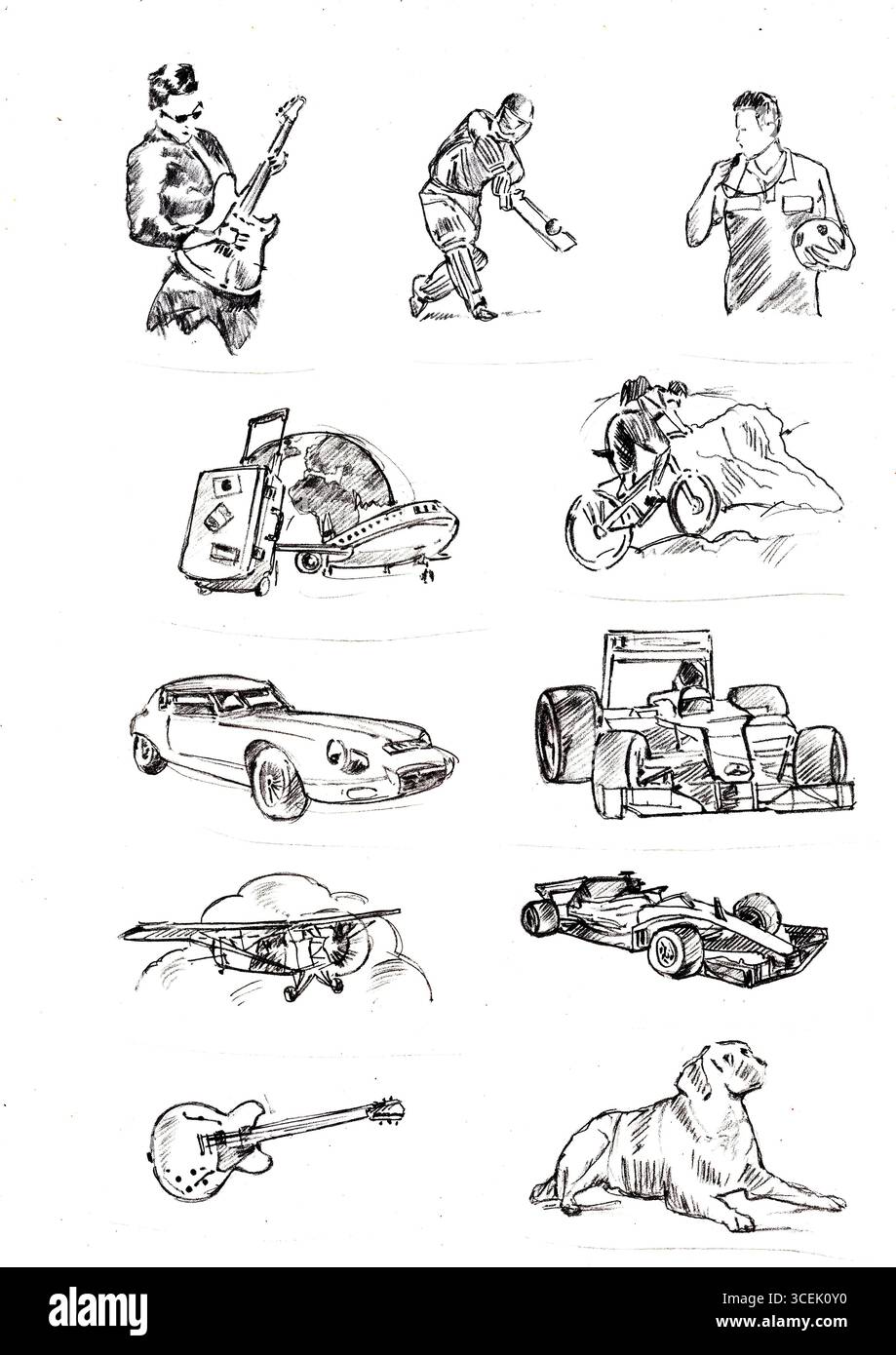 Croquis au crayon noir et blanc dessinés à la main montrant, musique, sport, loisirs et transport. Banque D'Images