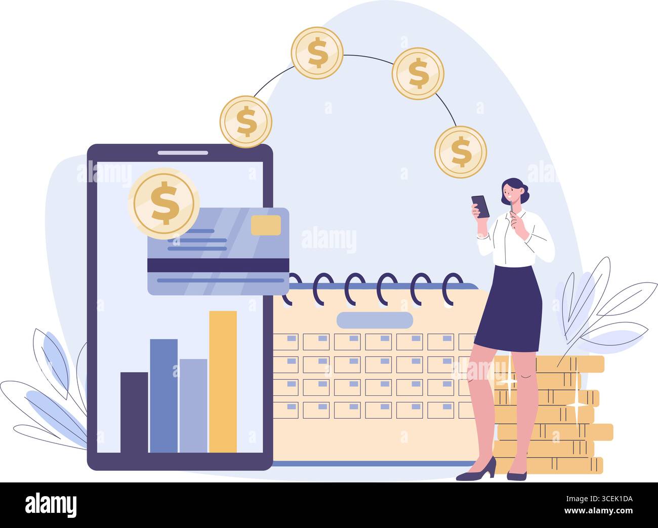 Femme utiliser l'application de banque en ligne. Fille vérifie l'intérêt sur le dépôt, la croissance de l'investissement, envoie ou reçoit de l'argent à la carte de crédit, scène vectorielle Illustration de Vecteur