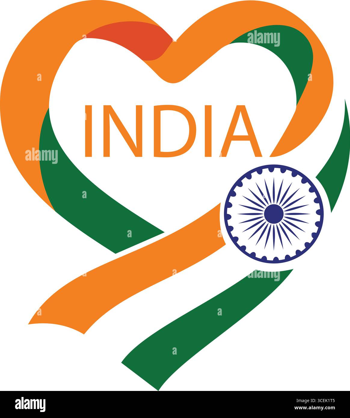 Une illustration vibrante en forme de cœur inspirée du drapeau national indien, avec des bandes safran, blanches et vertes avec le mot « INDIA » en gras oran Illustration de Vecteur