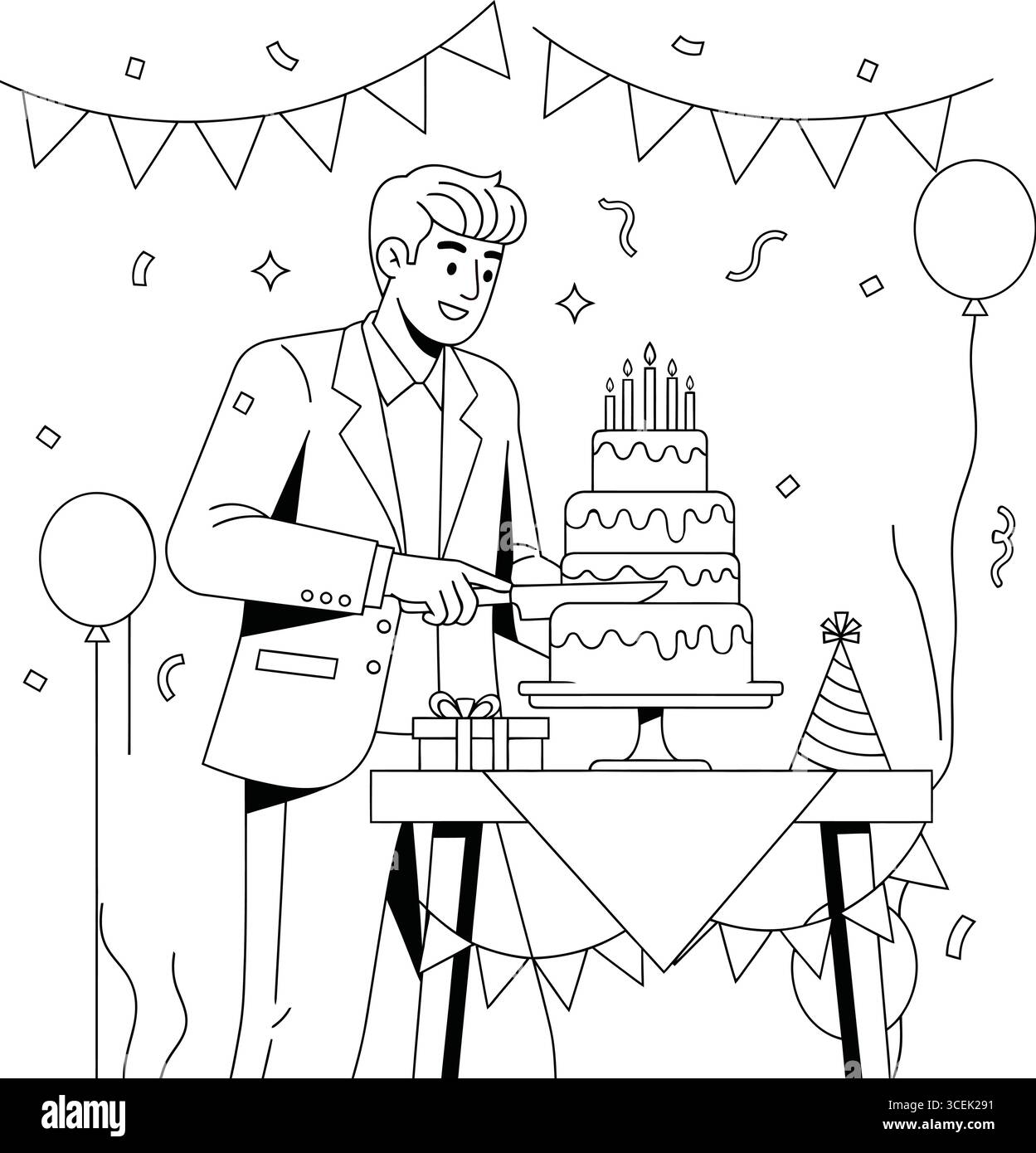 Un dessin au trait joyeux en noir et blanc représentant une scène de célébration d'anniversaire. Un homme en costume et cravate se tient à côté d'une table, coupant un grand multi-t Illustration de Vecteur