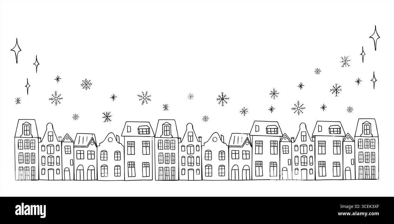 Vieille rue d'hiver avec des maisons dans le style d'Amsterdam et le cadre vectoriel de flocons de neige tombant peint par des encres noires. Bâtiments européens de Noël Illustration de Vecteur