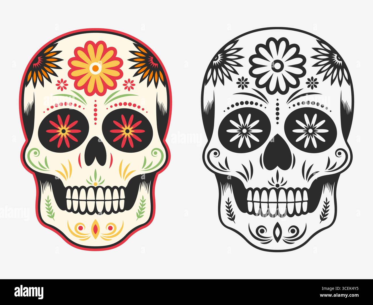 Illustration vectorielle de deux crânes de sucre inspirés par la tradition mexicaine du jour des morts Illustration de Vecteur