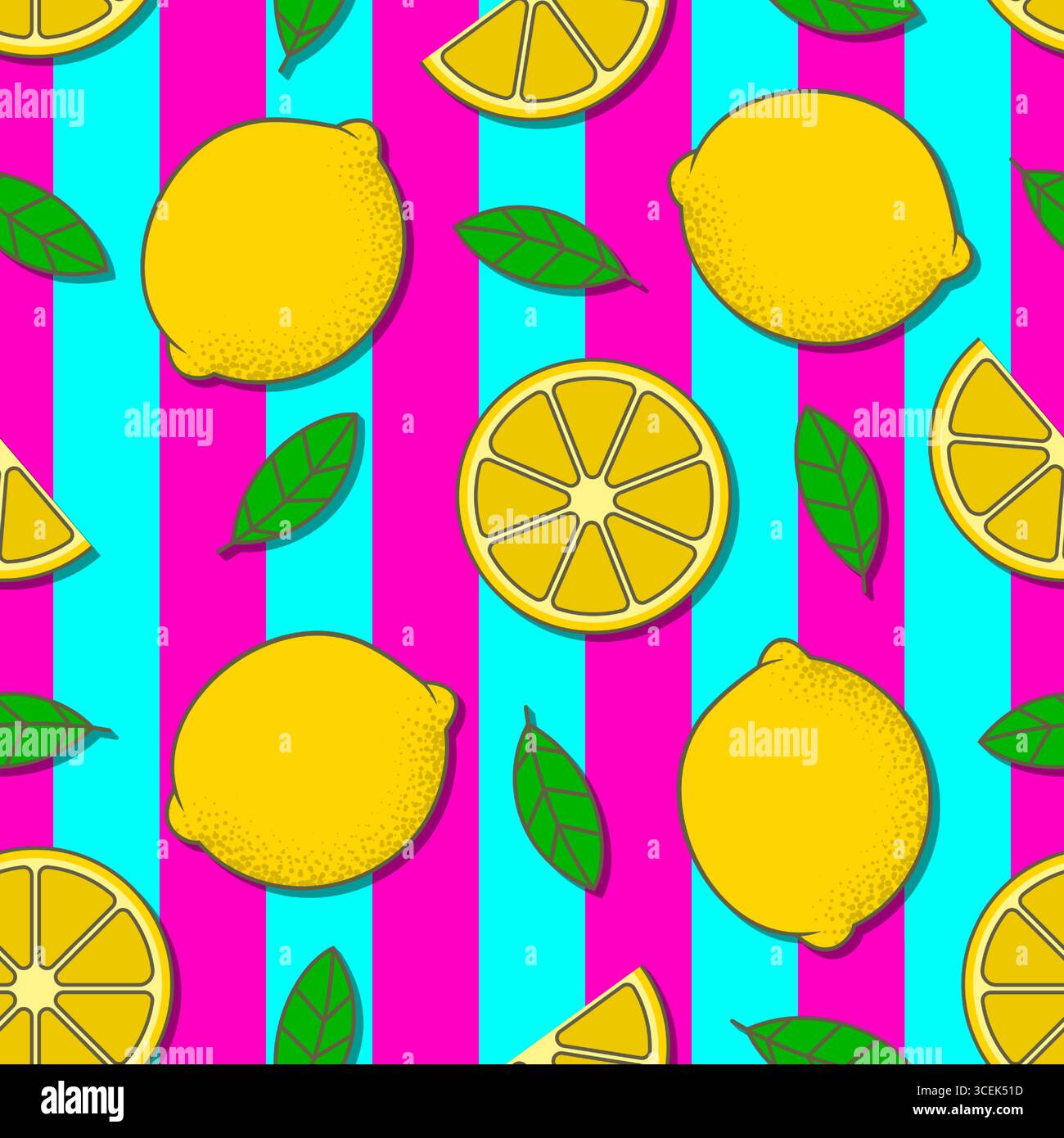 Motif sans couture vibrant avec des citrons entiers, des tranches de citron et des feuilles vertes sur un fond rayé rose et cyan audacieux Illustration de Vecteur
