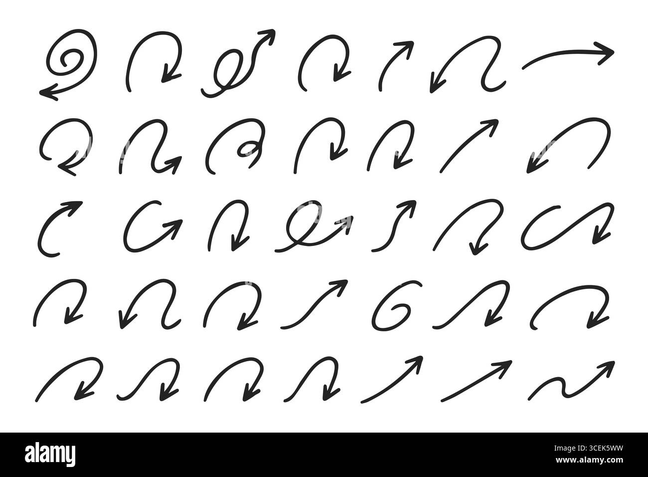 Collection de flèches originales dessinées à la main en spirale, courbes et ondulées dans diverses directions, idéales pour la conception créative, l'infographie et les projets Web, isolées sur l'illustration vectorielle de fond blanc Illustration de Vecteur