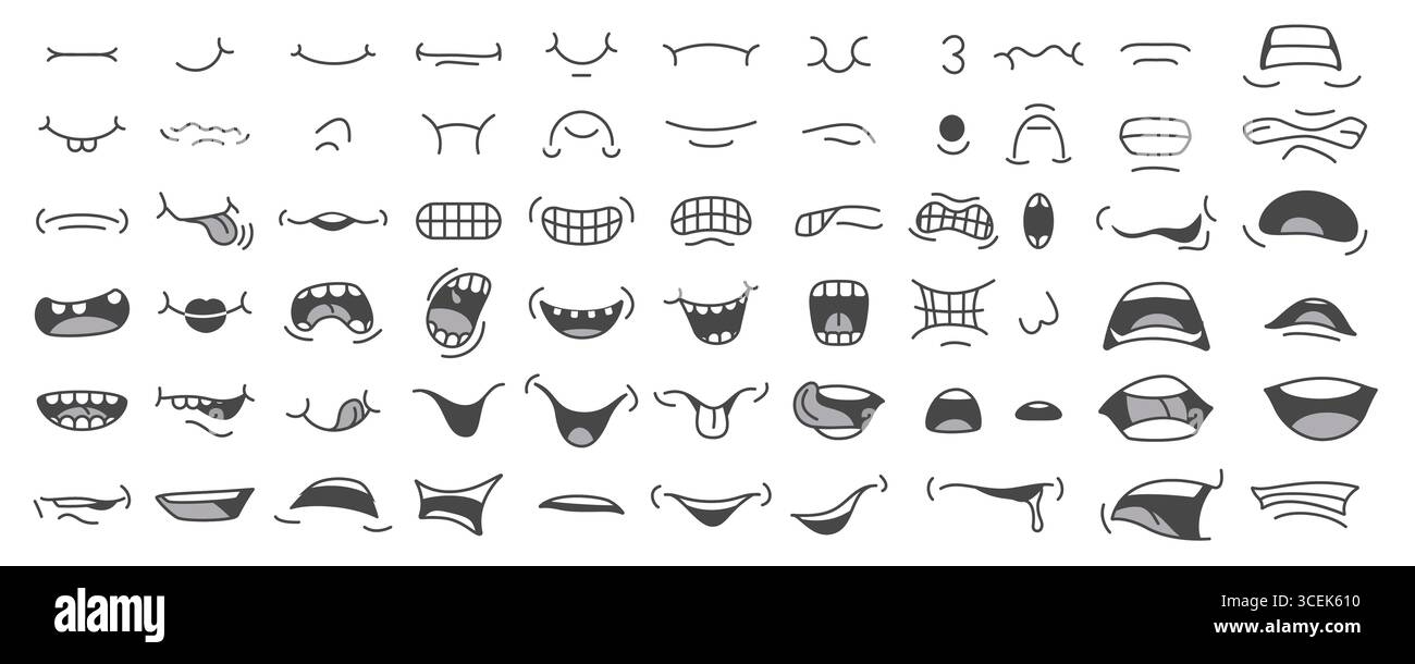 Divers griffonnages de bouche de bande dessinée montrant différentes émotions et expressions, idéal pour la conception de personnages, la bande dessinée et l'animation, isolé sur l'illustration vectorielle de fond blanc Illustration de Vecteur