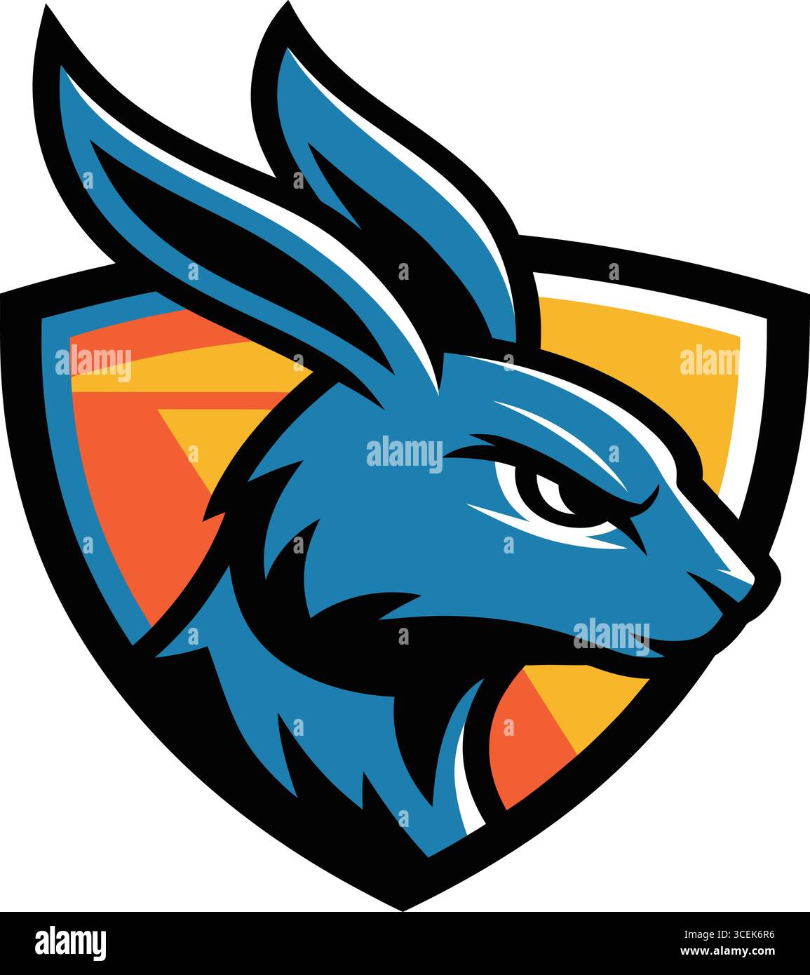 Un emblème audacieux et énergique avec une tête de lapin bleue stylisée avec une expression féroce et déterminée. Rendu dans des lignes nettes et des nuances vives de bl Illustration de Vecteur