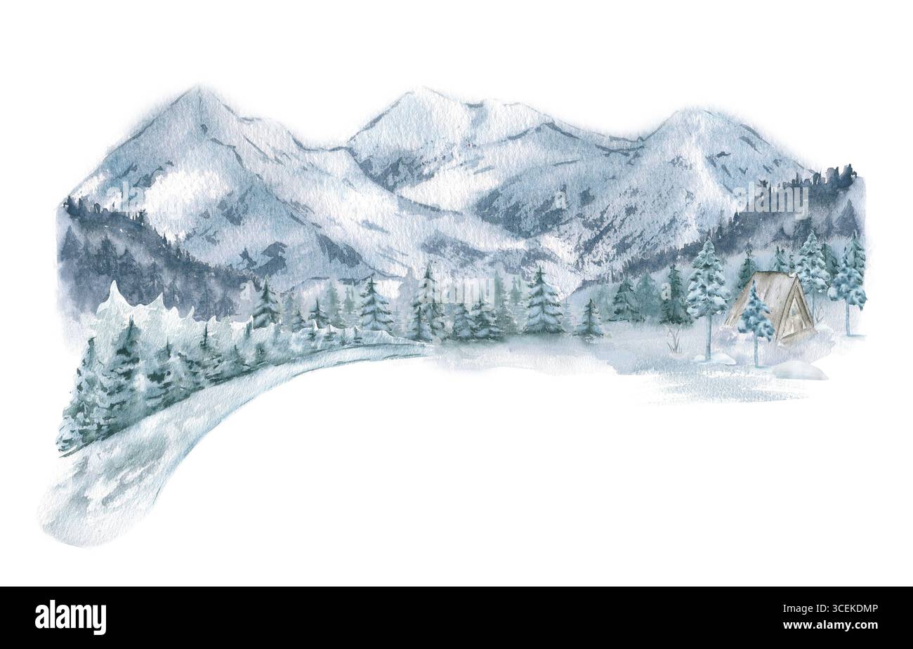 Paysage forestier enneigé avec cabane alpine, pins givrés et sommets montagneux brumeux dans des tons aquarelle doux isolé. Illustration de la nature d'hiver dessinée à la main Banque D'Images