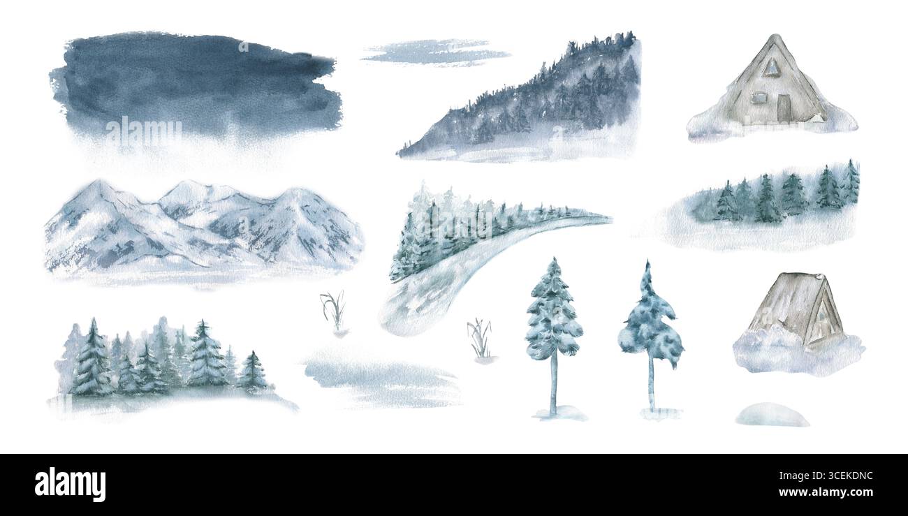 Illustration clipart d'aquarelle boisée d'hiver isolé sur blanc. Chalet en bois, pins, croquis peint à la main de montagne brumeuse. Paysage enneigé Banque D'Images