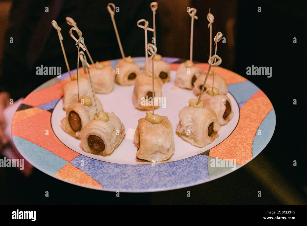 Un plateau de hors-d'œuvre savoureux avec cure-dents est présenté lors d'un rassemblement social au cours de la soirée. Banque D'Images