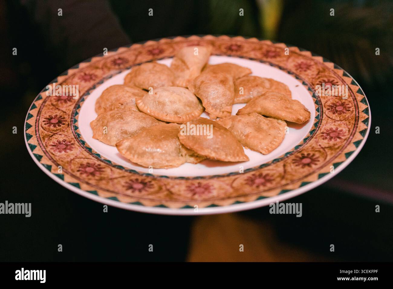 De succulentes empanadas présentées sur une assiette décorative lors d'une joyeuse célébration en famille et entre amis. Banque D'Images