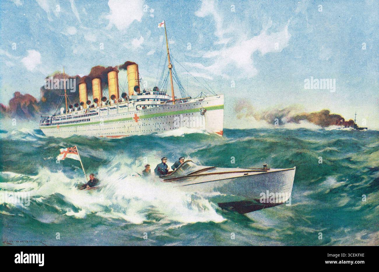 Navire-hôpital sous escorte du destroyer et du bateau à moteur côtier, WW 1 Banque D'Images