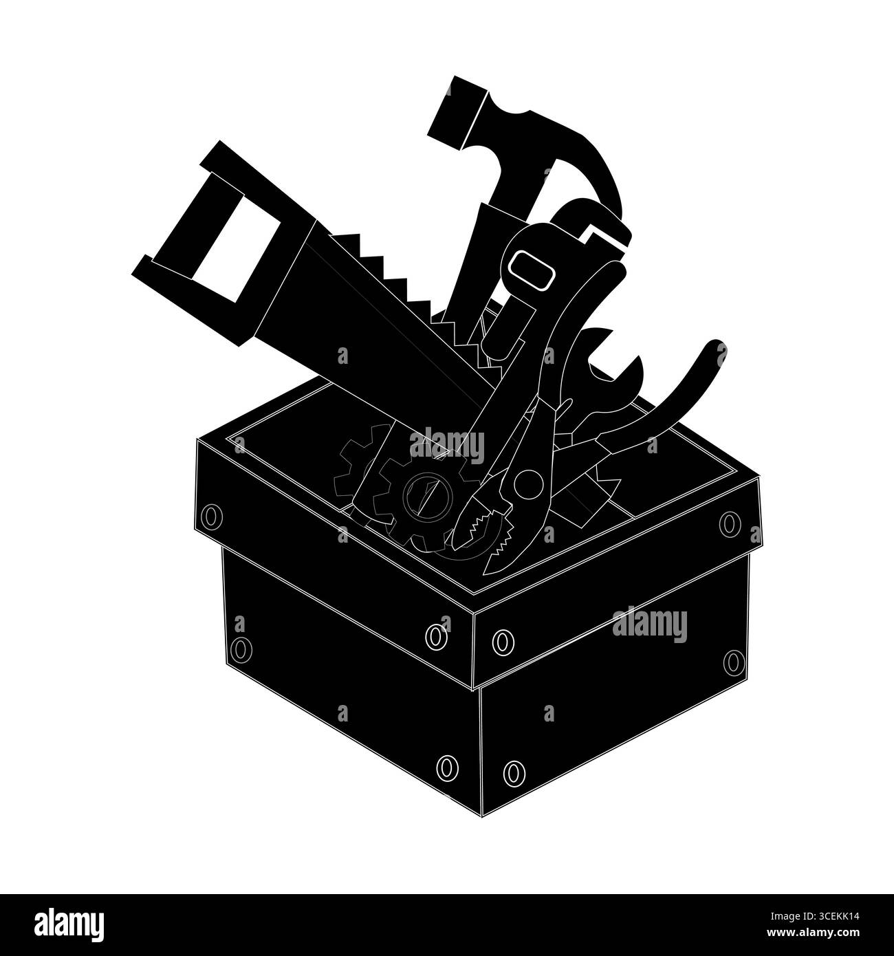 Boîte à outils remplie de divers outils dans le vecteur de conception plate, boîte à outils Handyman avec marteau et pinces. Illustration de Vecteur