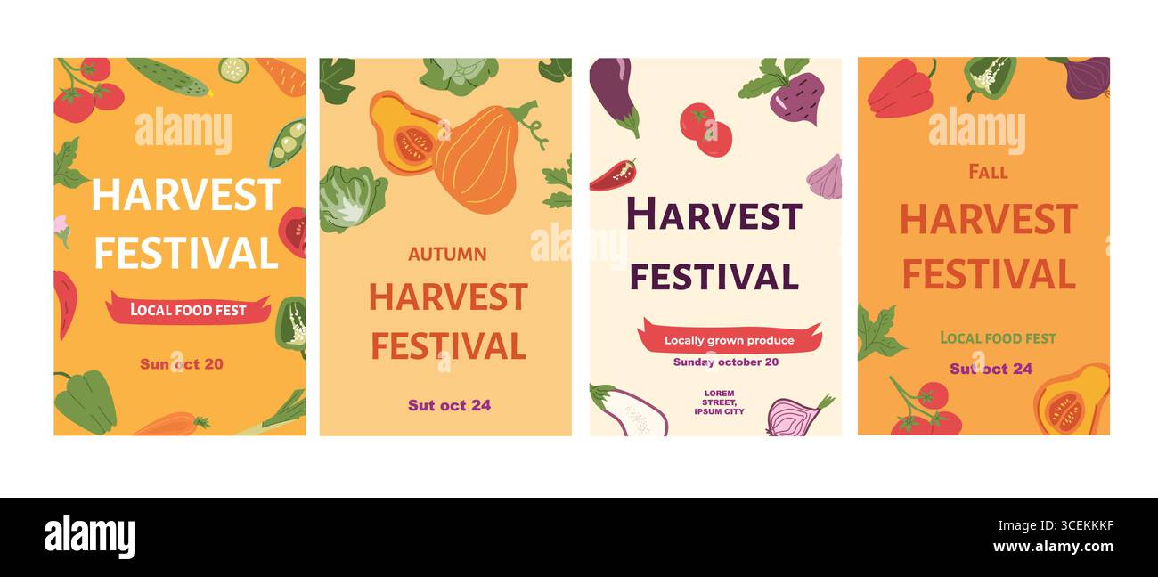 Affiches du festival des récoltes d'automne présentant des produits colorés et des dates de fête de la nourriture locale. Ensemble de modèles de récolte d'automne pour invitations, flyers. Cartes de promotion de l'événement vertical de la foire aux légumes. Illustration de Vecteur