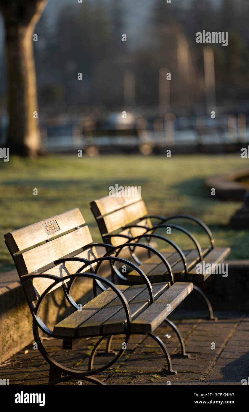 Deux bancs dans le parc à Vancouver par l'eau bancs en bois brun avec des pièces rondes en métal circulaires pour bras image verticale de deux bancs à Vanc Banque D'Images