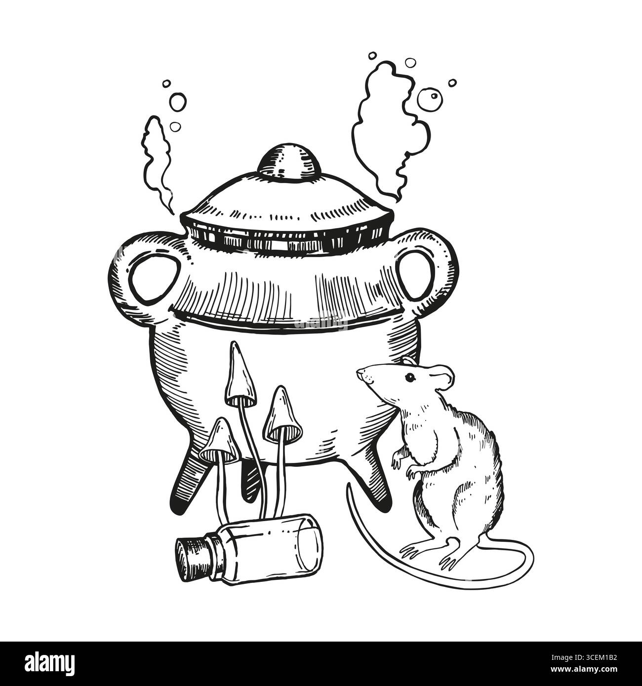 sorcellerie monochrome vecteur, équipement magique, pot de potion et de vapeur, champignons vénénéneux, rat, fiole en verre de poison, illustration en noir et blanc o Illustration de Vecteur