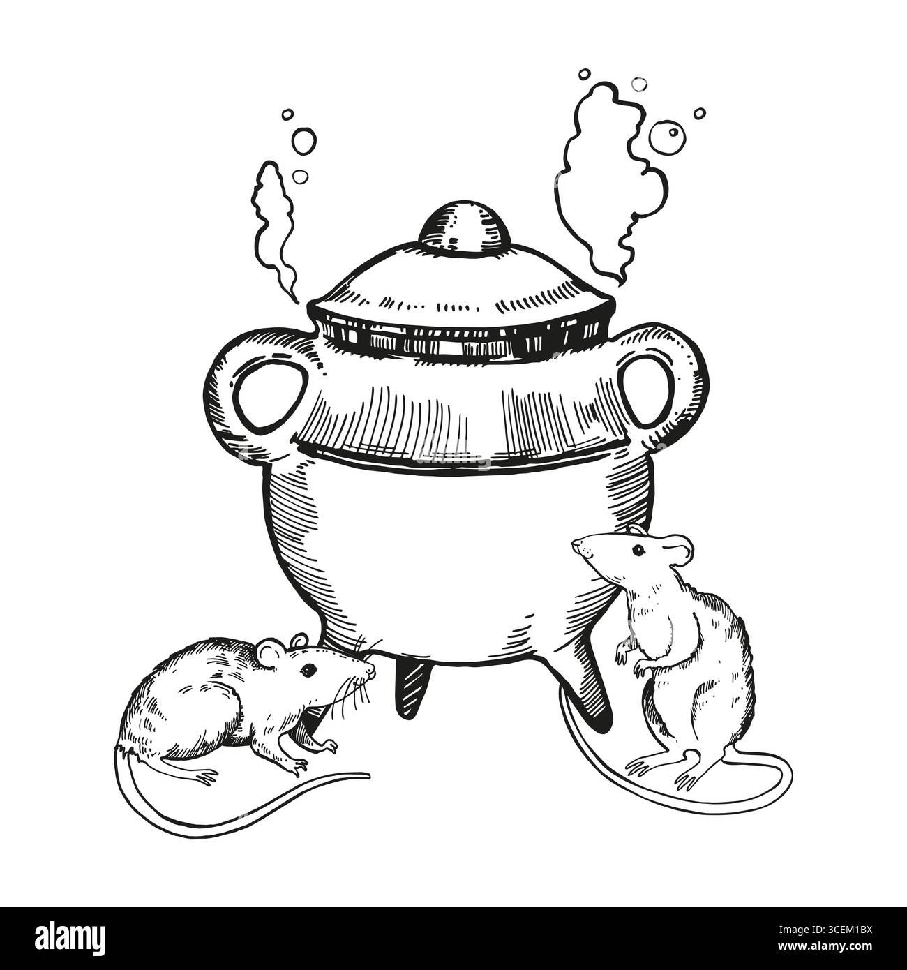sorcellerie vectorielle monochrome, équipement magique, pot de potion et de vapeur, deux rats, illustration de bande dessinée en noir et blanc du thème mystique, ske dessinée à la main Illustration de Vecteur