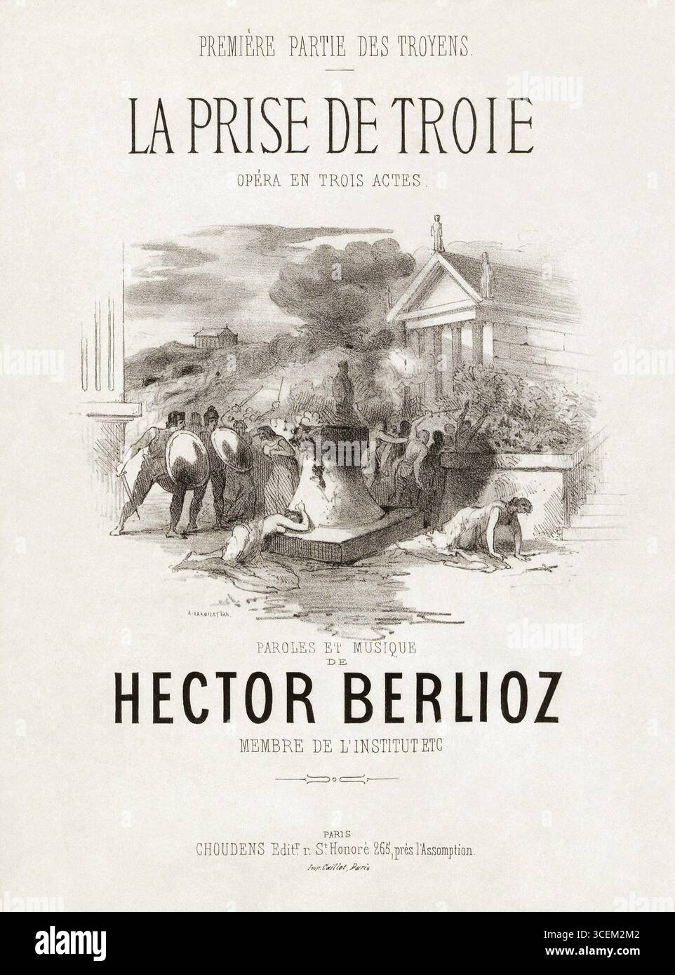 Illustration de couverture de la prise de Troie d’Hector Berlioz, première partie de l’opéra les Troyens. Cette édition 1863, éditée par Choudens à Paris, présente des œuvres d’Antoine Barbizet. La scène dramatique montre la chute de Troie avec des soldats, des flammes et des ruines de temple, capturant le sujet épique de l'opéra dans un style lithographique très détaillé. Banque D'Images