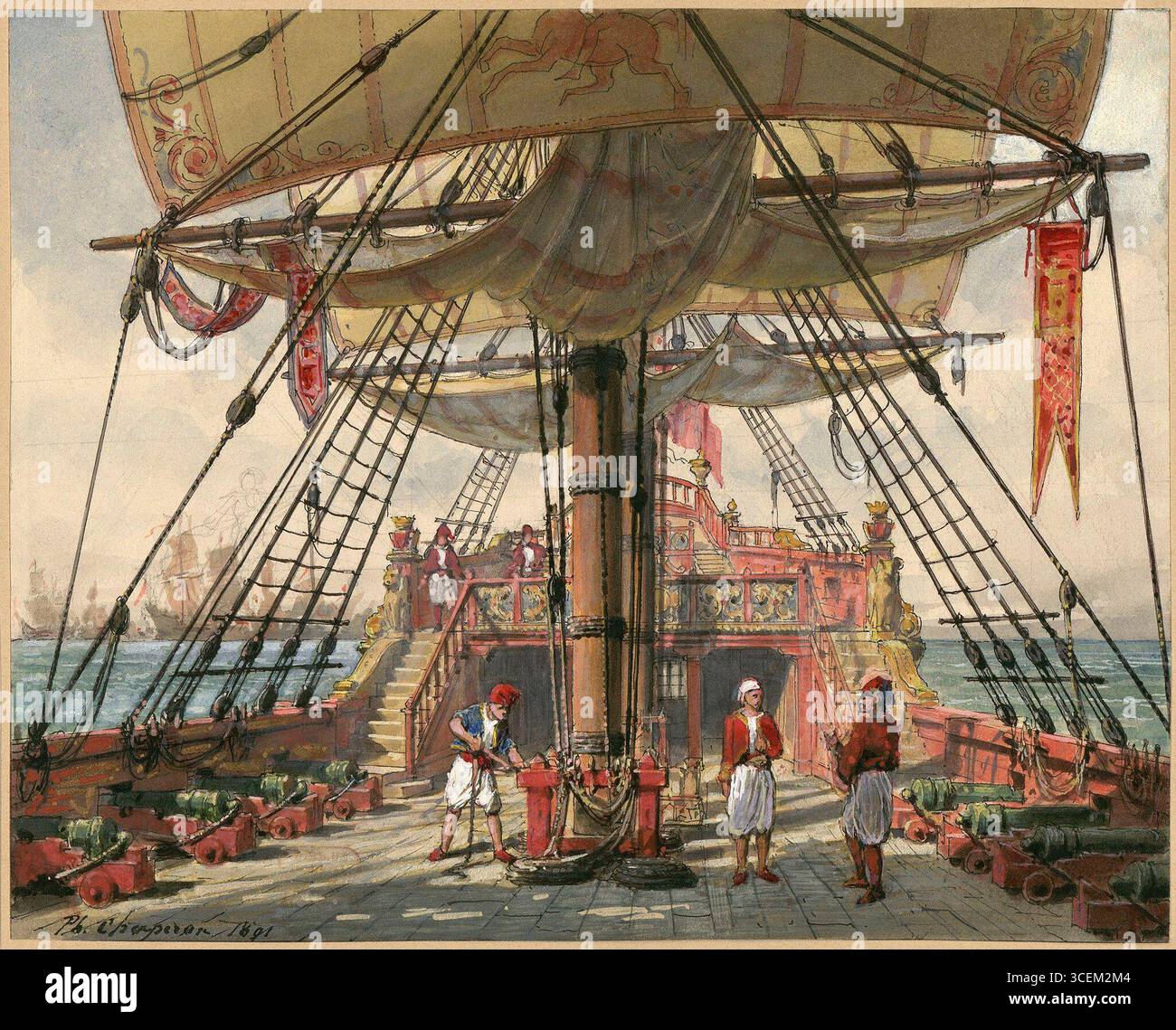 Scénographie de l'acte II de l'opéra Haydée, ou le secret de Daniel Auber, créé par Philippe Chaperon en 1891 pour le Théâtre de l'Opéra-Comique-Châtelet. Le croquis à l'aquarelle et à la gouache montre le pont d'un navire richement décoré avec des marins en costumes d'époque, préparant la mise en scène dramatique. La pièce souligne la grandeur de la scène opératique française du XIXe siècle. Banque D'Images