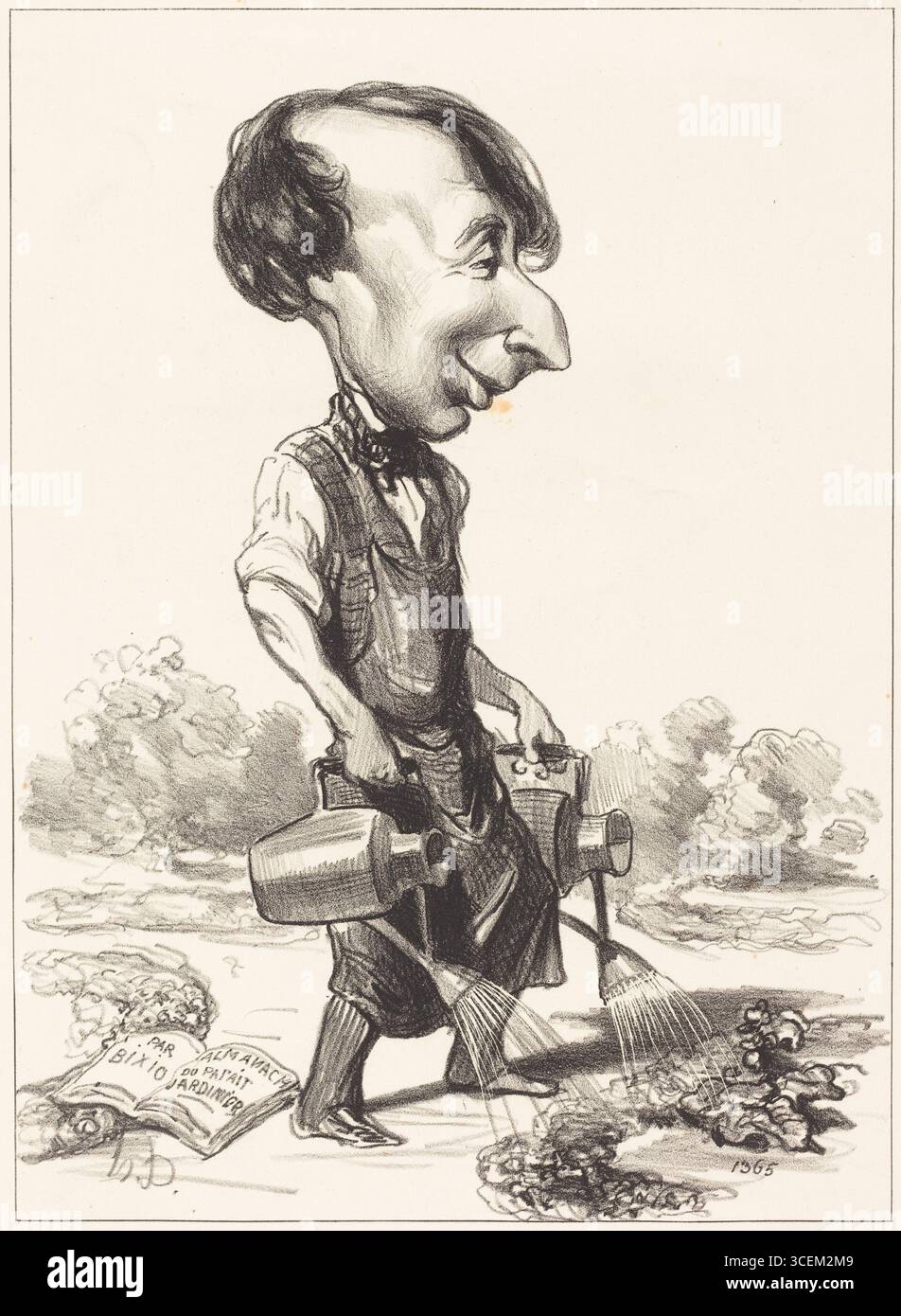 Caricature de J. Alexandre Bixio, 1849, par l'artiste français Honoré Daumier. La lithographie montre Bixio avec des caractéristiques exagérées, arrosant les plantes avec de grands arrosoirs, symbolisant la culture et la croissance. À ses pieds se trouve un livre ouvert intitulé Almanach du parfait jardinier. Traduction : J. Alexandre Bixio, 1849, caricature d'Honoré Daumier. Banque D'Images
