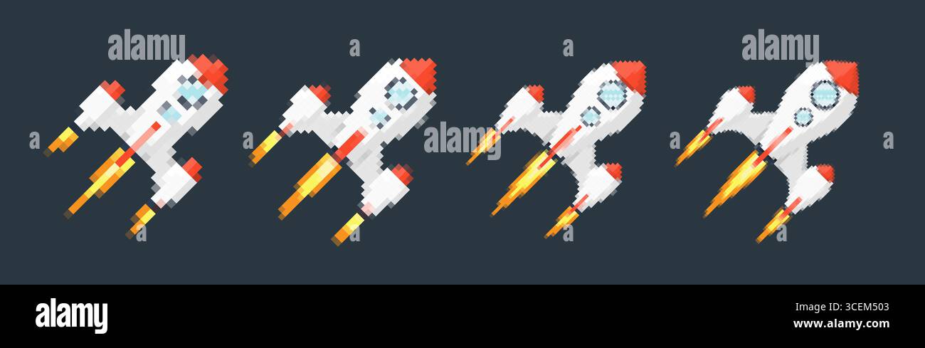 Pixel art fusée avec des pistes enflammées, des jeux rétro, des designs sur le thème de l'espace, des applications ou des animations. style 8 bits pour la technologie, la science-fiction et le futurisme Illustration de Vecteur