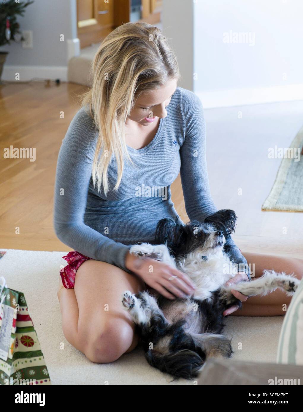 Young woman petting dog pet Banque D'Images