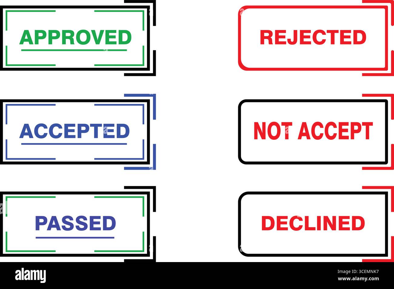 Ensemble vectoriel moderne d'étiquettes de timbres approuvées rejetées acceptées refusées et acceptées pour le flux de travail des bureaux commerciaux et les graphiques de vérification de documents en ligne Illustration de Vecteur