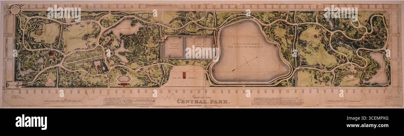 Ancienne carte de Central Park à New York avec des plans pour les futurs musées, archives de la bibliothèque publique de New York Banque D'Images