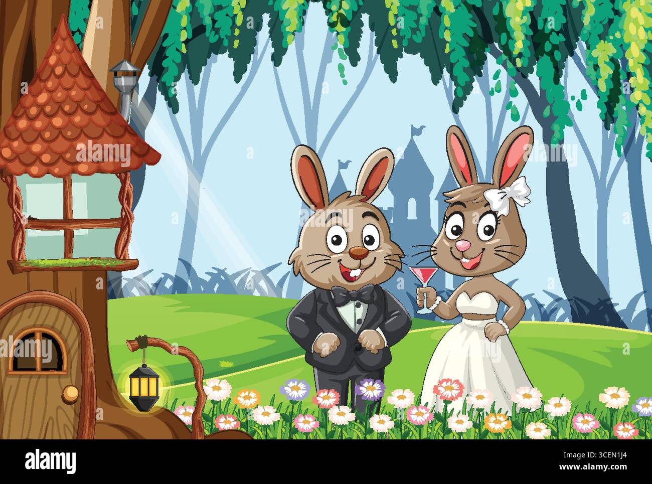 Deux lapins de dessins animés habillés en mariés se tiennent dans un jardin forestier animé, entouré de fleurs et de détails fantaisistes dans les arbres Illustration de Vecteur