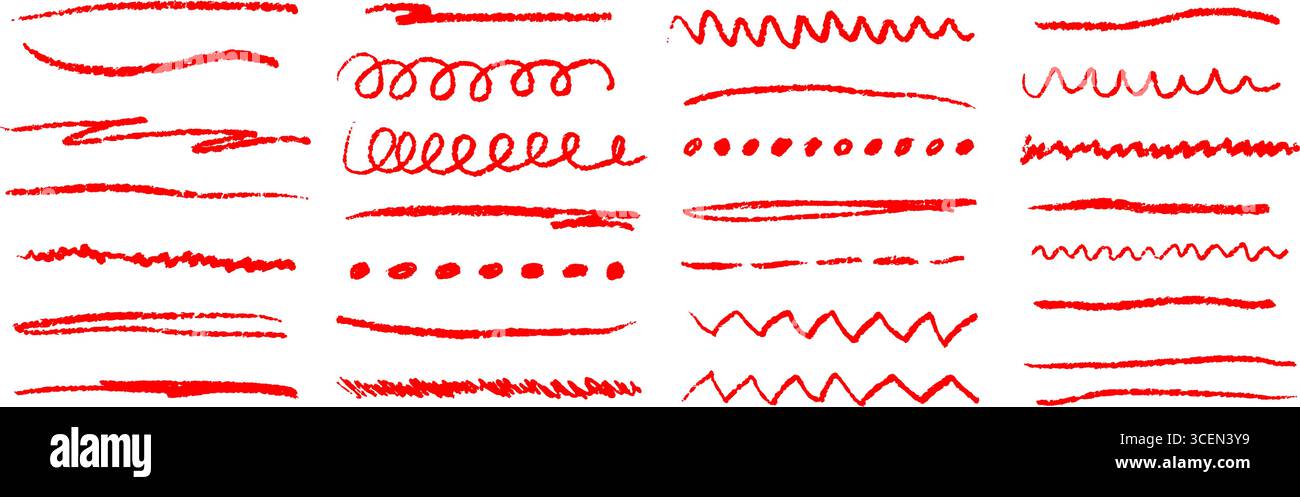 Jeu de fourre-tout grunge rouge. Soulignement de crayon dessiné à la main, zigzag, collection de ligne de tiret. Bouquet de gribouillage crayon pastel mouillé ou sec. Croquis de croquis de charbon de bois brut de vecteur, vagues et zig zag Illustration de Vecteur